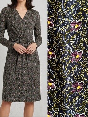 Brooks Brothers Violette-Print Jersey Faux Wrap Dress XS Navy Long Sleeve Preppy